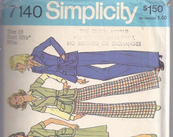 Vintage Simplicity Sewing Pattern # 7140 from 1975:  Misses Front Wrap Jacket, Skirt, Pants  Bust 32 1/2.  Size 10