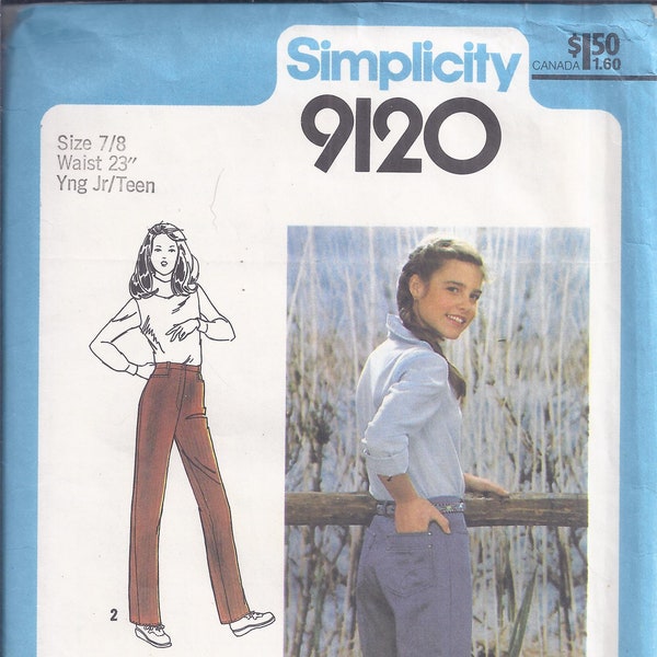 Simplicity 9120 Vintage Pattern from 1979.  Young Junior/Teen Pants with Front Fly and back pockets.   Waist 23.  Size 7/8.  UNCUT