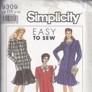 May include: Simplicity sewing pattern featuring three women's fashion designs. The pattern includes a plaid jacket and skirt, a red top with a polka dot skirt, and a blue jacket and skirt. The text "EASY TO SEW" is displayed.