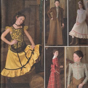 May include: Simplicity sewing pattern 2843, size A 7, 8, 10, 12, 14. The envelope features illustrations of various outfits including a yellow skirt with black trim, a brown jacket and skirt set, a cream dress, and a red plaid dress with a back bow.