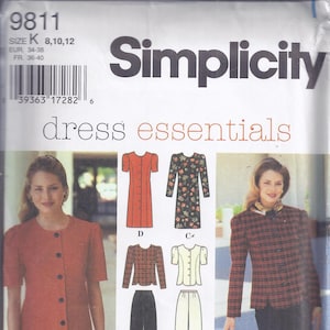 May include: Simplicity dress essentials sewing pattern. The pattern includes options for dresses, jackets, and pants. The image shows a woman wearing a red dress with black buttons. The pattern also features a floral dress and a plaid jacket.