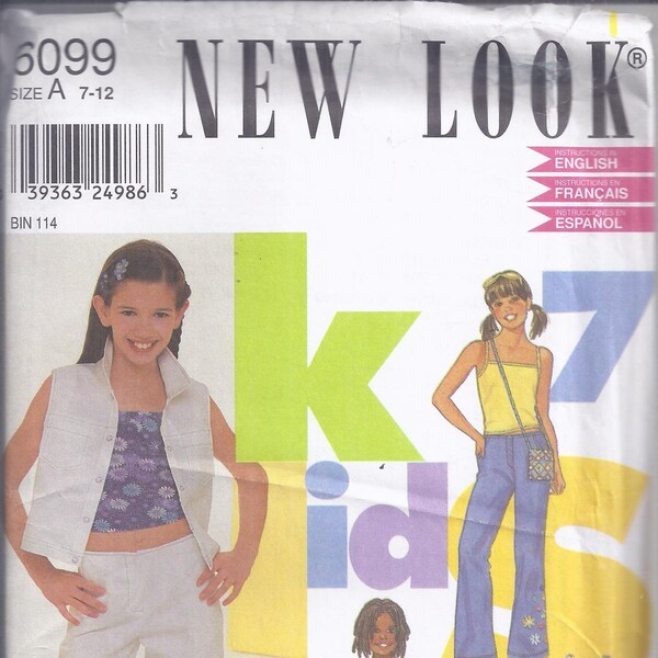 New Look 6099:  Girls' Skirt, Pants, Top (for Knits) and Vest.  Chest 25-30, Size 7-12.  UNCUT