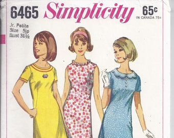 Simplicity Sewing Pattern 6465 from 1966.  Junior Petite One-piece Dress with neckline trims.  Bust 31 1/2. Size 5JP