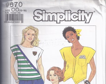 Simplicity Pattern # 9670 from 1990.  Misses' Pullover Tops.  Bust 34-40.  Sizes 12-18.  UNCUT