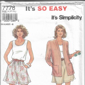 May include: A vintage sewing pattern titled "It's So Easy" by Simplicity, featuring illustrations of two outfits. One outfit includes floral shorts, and the other features a blazer and shorts. The pattern size is A (PT-XL).