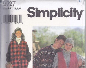Simplicity 9727 Sewing Pattern from 1995.  Misses', Men's or Teens Unlined Jacket and Vest. Bust 30-40  Sizes XS-M. UNCUT
