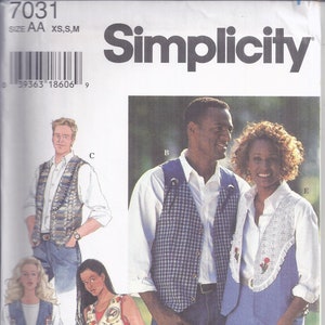 May include: Simplicity sewing pattern 7031 featuring vests. The pattern includes multiple vest designs, with options for different styles and embellishments. The image shows various vest styles, including plaid, patterned, and embroidered options. The size range is XS, S, and M.