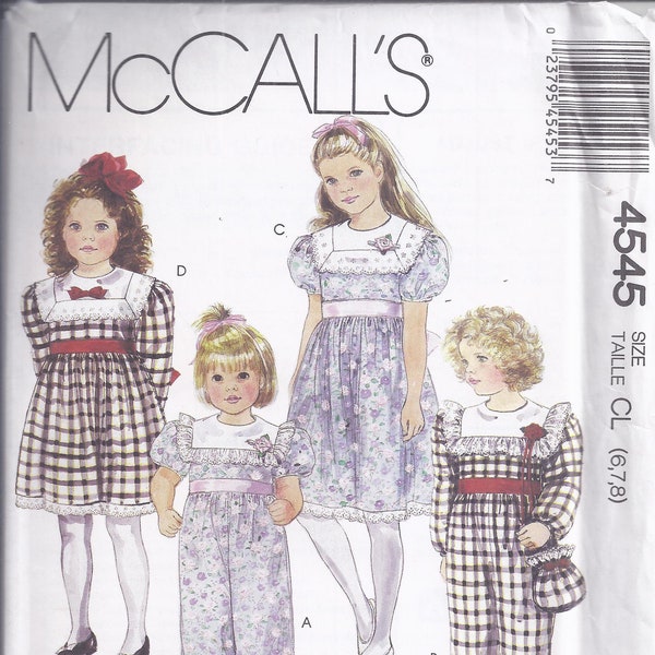 McCalls 4545 Sewing Pattern from 1989.  Girl's Dress Jumpsuit and Bag.  Chest 25-27.  Sizes 6-7-8.  UNCUT.  Nannette