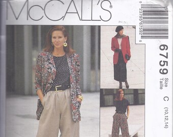 McCall's 6759 Sewing pattern from 1993.  Misses Cardigan, Top, Pants and Wrap Skirt.   Bust 32 1/2-36.  Sizes 10-14. UNCUT