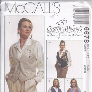 May include: McCall's sewing pattern 6678 for women's clothing. The pattern includes designs for vests and a matching outfit. The cover features a woman wearing a vest and pants. The size is Large (16,18).