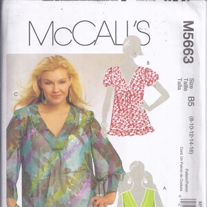 May include: McCall's M5663 sewing pattern featuring three V-neck tops. The pattern includes a long-sleeved floral print top, a short-sleeved red floral top, and a lime green top with a ruffled hem. Sizes B5 (8-10-12-14-16) are included.