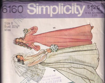 Simplicity 6160 Sewing Pattern from 1973. Misses Bridal or Bridesmaid Dress, Detachable Train.  High Waisted.  Bust 31 1/2.  Size 8