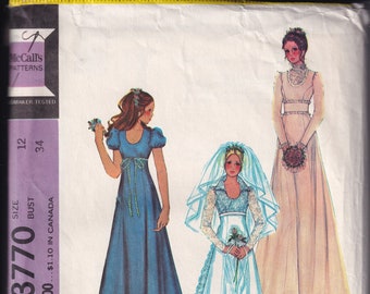 McCalls Sewing Pattern # 3770 from 1973.  Misses Bridal and Bridesmaid Gowns with Train.  Size 12.  Bust 34