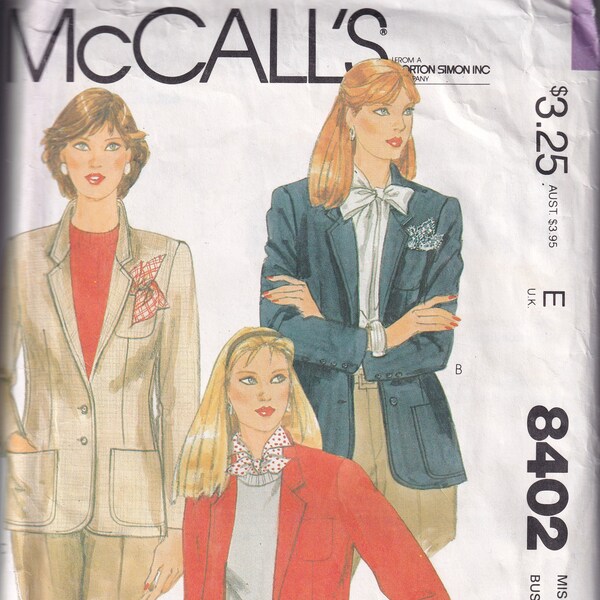 McCalls Sewing Pattern 8402 from 1983.  Misses Lined Jacket.  Bust 34.  Size 12.  UNCUT