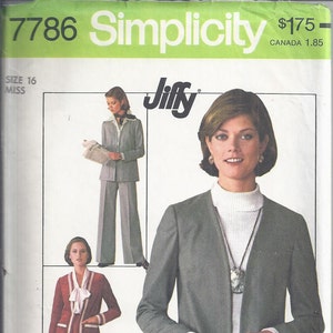 May include: Simplicity sewing pattern 7786 featuring women's suits. The pattern includes a gray suit with a jacket and pants, and a red suit with a skirt and jacket. The pattern is labeled "Jiffy" and includes the size 16.