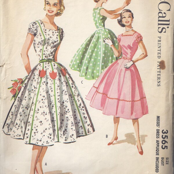 Vintage McCalls Sewing Pattern 3565 from 1956  Misses Dress with Square Neck, Fitted Bodice, Full Skirt.  Retro   Rockabilly.  Bust 36