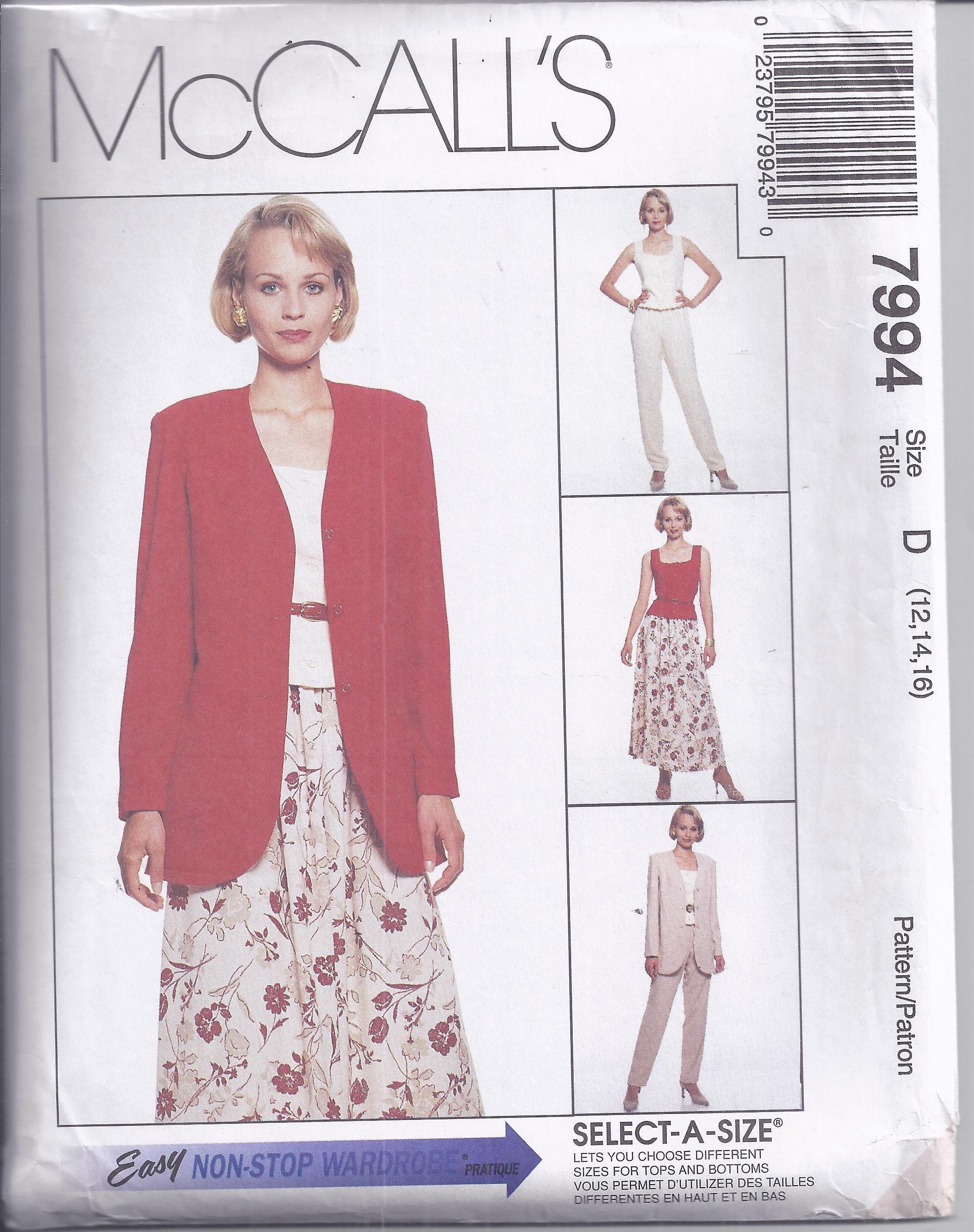 Memories Sewing Pattern Jacket Skirt McCalls Uncut Pattern 7994 Size C 10,12,14 Tank Top Pattern Daysgonebytreasures Yr 1995