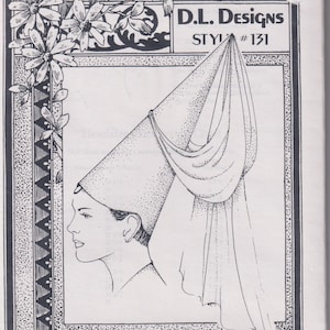 May include: A black and white line drawing on a paper pattern envelope titled D.L. Designs Style #131. The illustration depicts a profile view of a person wearing a tall, conical hennin-style hat with a long, draped veil attached to the peak.