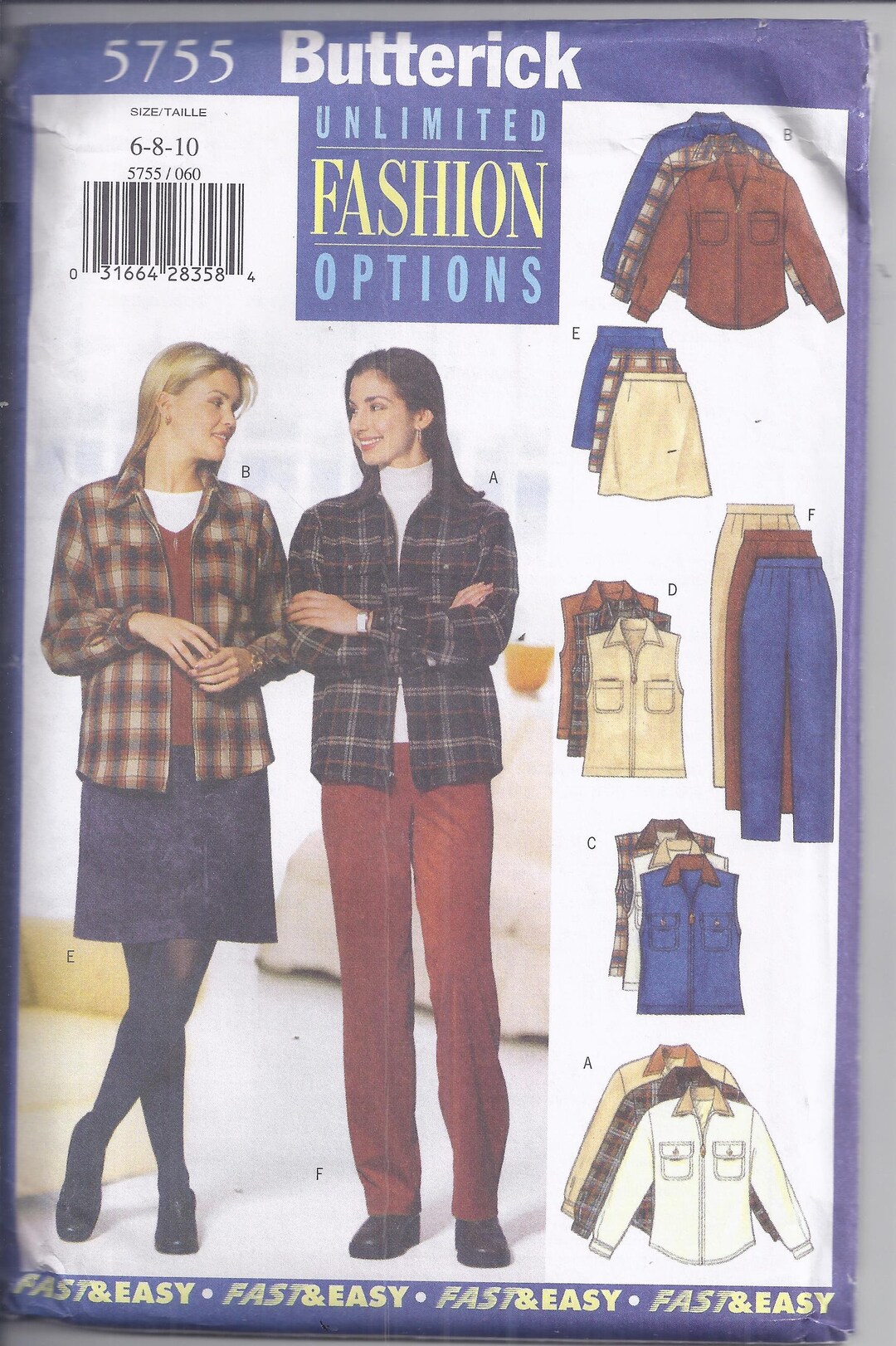 Butterick 5755 Sewing Pattern From 1998. Misses' Shirt, Vest, Skirt and ...