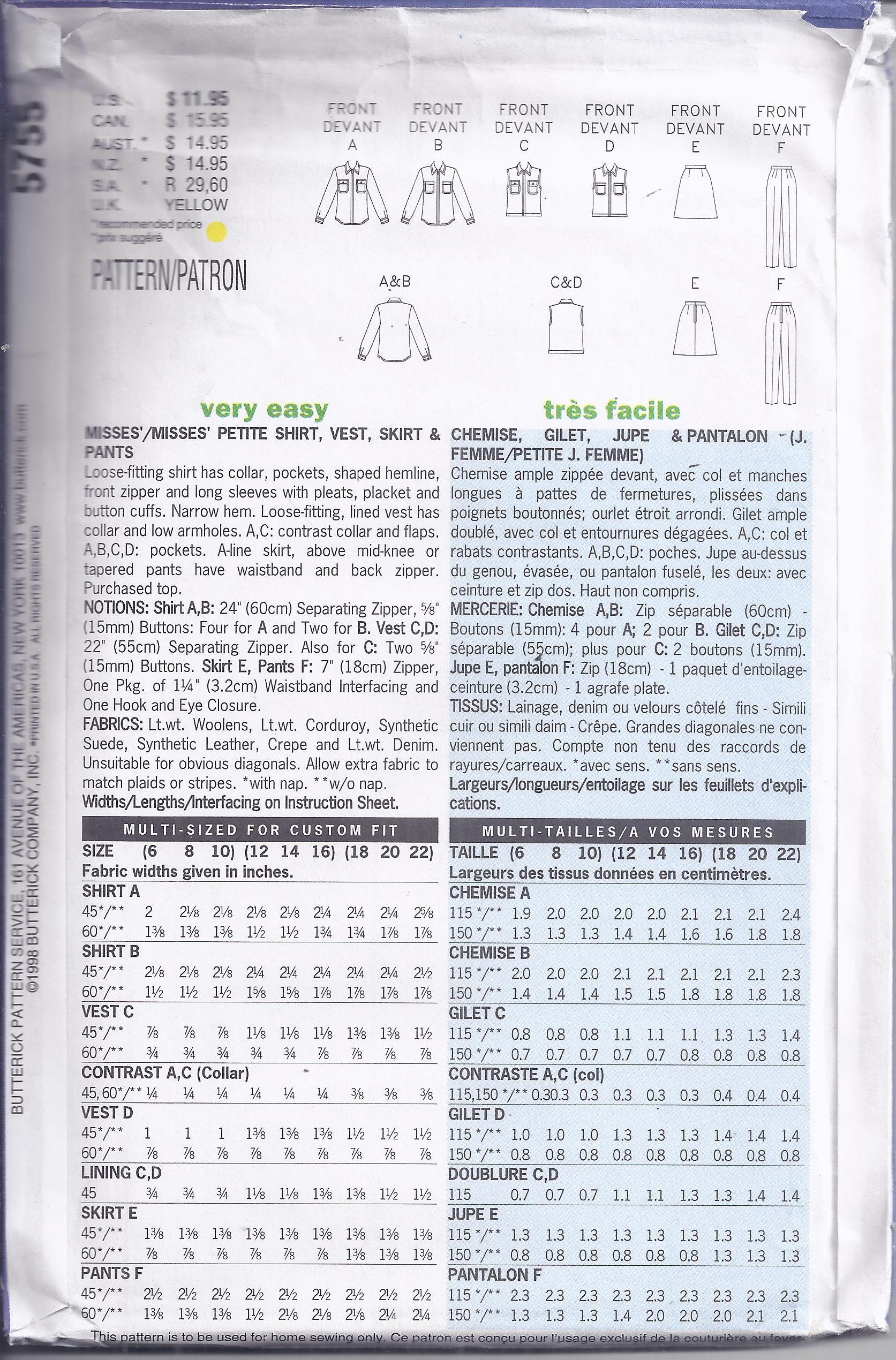 Butterick 5755 Sewing Pattern From 1998. Misses' Shirt, Vest, Skirt and ...