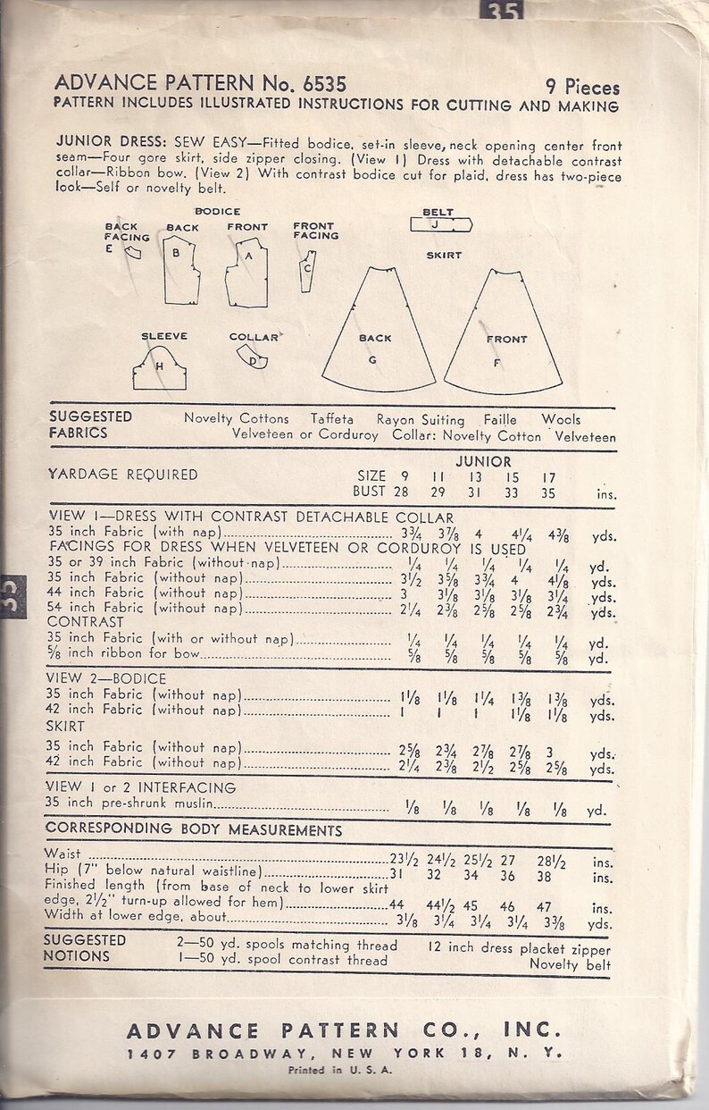 Advance Sewing Pattern # 6535 From 1953. Sew-easy Junior Dress: Fitted ...