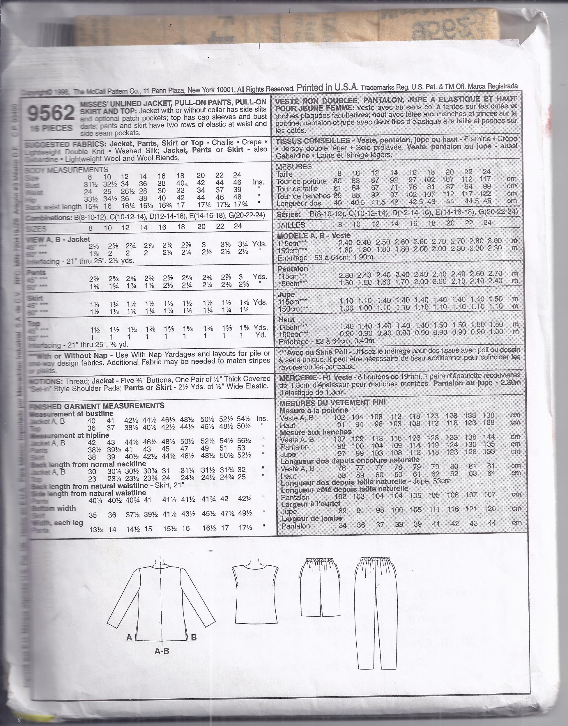 Patterns 9562 Mccall's 9562 Sewing Pattern From 1998. Misses Unlined Jacket, Top ...