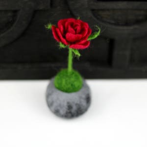 Puede incluir: Una sola rosa roja de fieltro con hojas y tallo de fieltro verde, en una peque&ntilde;a maceta de fieltro gris con musgo de fieltro verde.