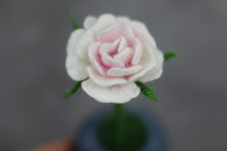 Puede incluir: Una rosa blanca de fieltro con un centro rosa, la rosa est&aacute; en un tallo verde y est&aacute; en una maceta peque&ntilde;a.