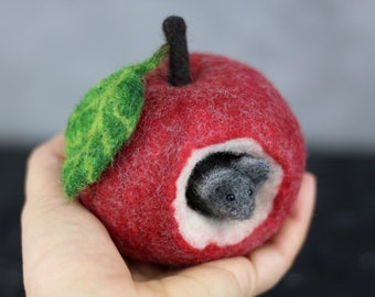 Felted mouse and decorative red  apple, decor autumn or winter