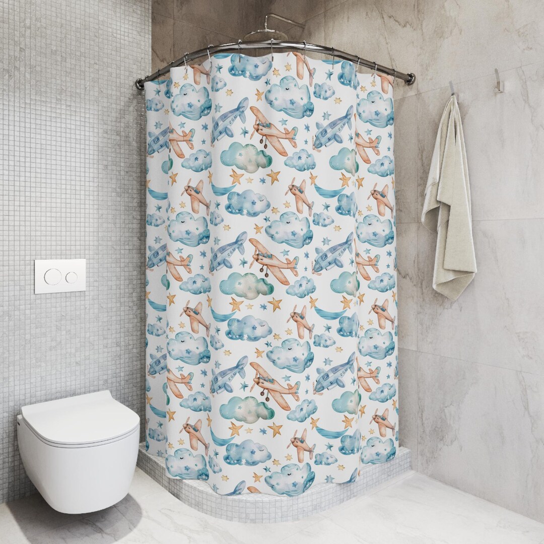 Boys Blue Bathroom Airplanes Kids Shower Curtain Bathroom Decor