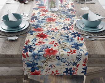 Floral American Tablecloth, USA Theme Party, 4th of July Decor Table Runner, Red White Blue Patriotic Party Decor, July Fourth Party Decor