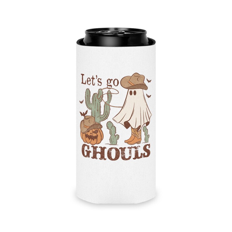 Western Halloween Party Drink Slim Can Cooler, Ghouls Night Cup, Halloween Bachelorette Favors, Cheers Witches, Retro Ghost Slim Can Koozie image 2