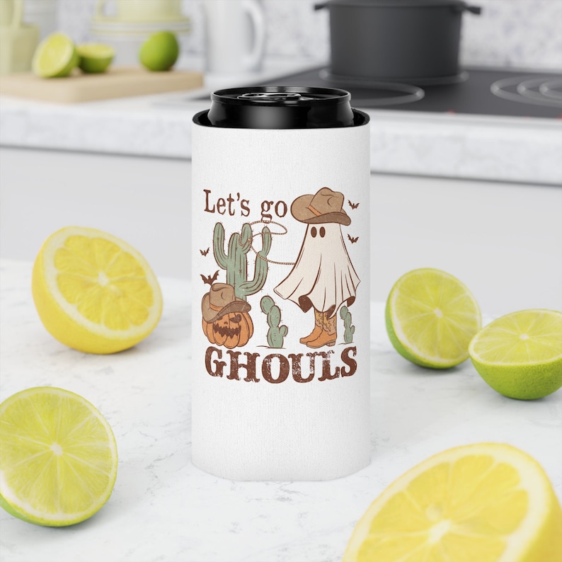 Western Halloween Party Drink Slim Can Cooler, Ghouls Night Cup, Halloween Bachelorette Favors, Cheers Witches, Retro Ghost Slim Can Koozie image 1