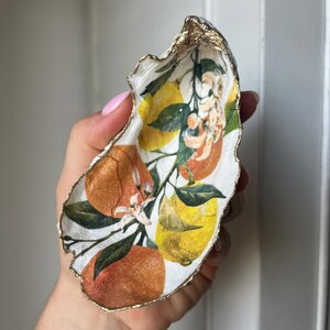 Coastal Decor, Tropical Fruit Oyster Shell Jewelry Holder Trinket Dish, Beach Theme Wedding Favors, Unique Decoupage Decorative Bride Gift