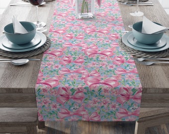 Coquette Table Runner, Spring Pink Bow Tablecloth, Birthday Party Table decor, Girly Floral Table Runner, Vintage Housewarming Gift