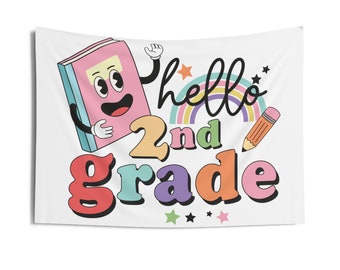 Hello 2nd Grade Teacher Indoor Wall Tapestry, Elementary Teacher Classroom Tapestry Blanket, Colorful Educator Door Sign, Class Gift