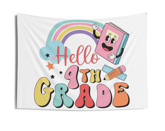 Hello 4th Grade Teacher Indoor Wall Tapestry, Elementary Teacher Classroom Tapestry Blanket, Colorful Educator Door Sign, Class Gift