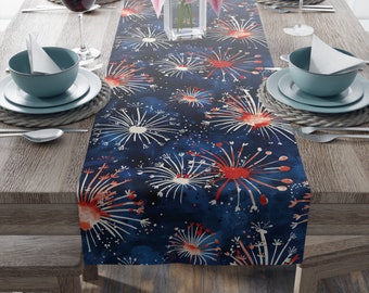 American Firework Tablecloth, USA Theme Party, 4th of July Decor Table Runner, Red White Blue Patriotic Party Decor, July Fourth Party Decor