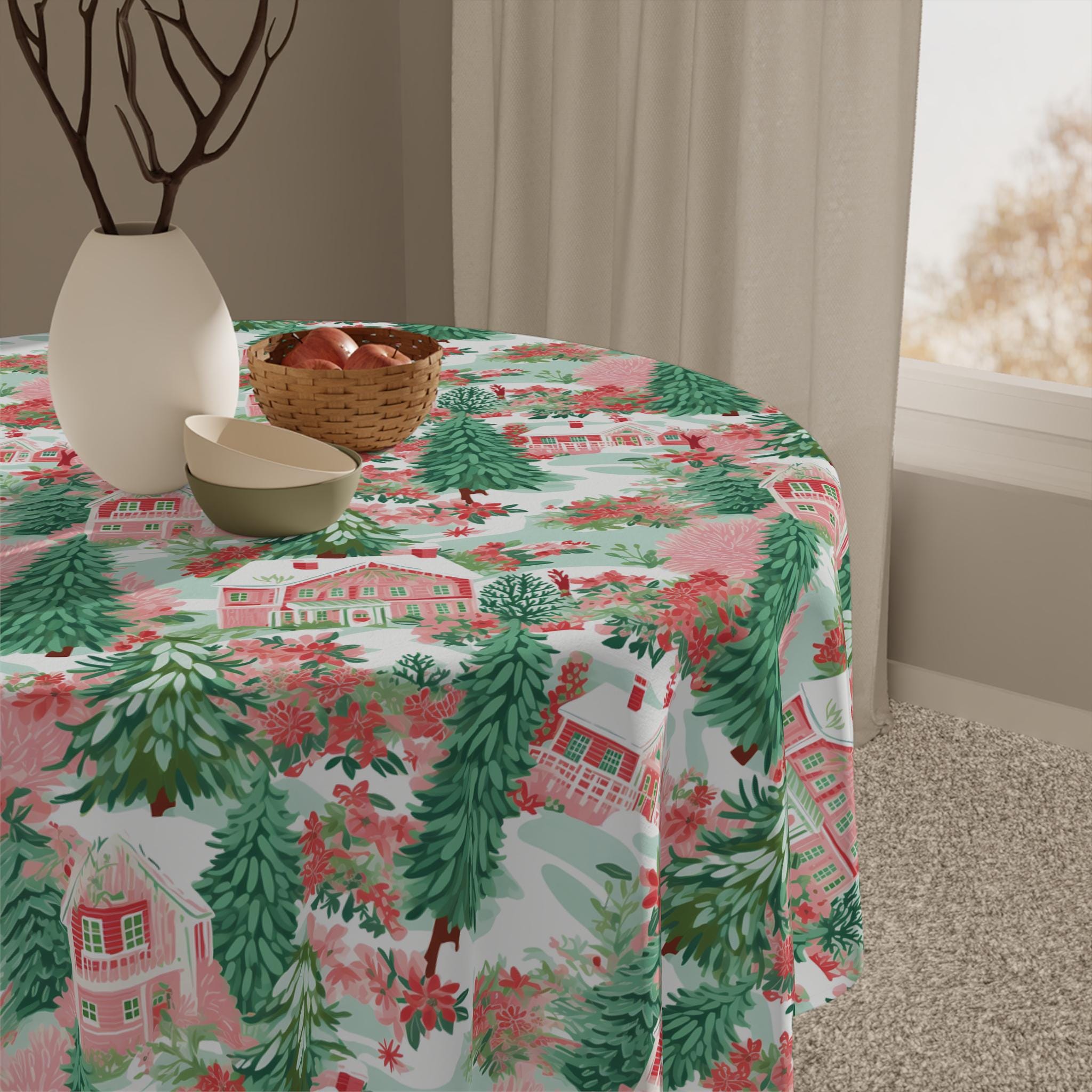 Pink Prepy Table Pink Preppy Christmas Village Tablecloth, Winter Forrest Dining Room ...