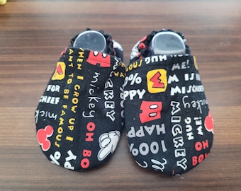 Mickey baby booties, Crib shoes, cloth  moccasins, gender neutral, mouse, red and yellow