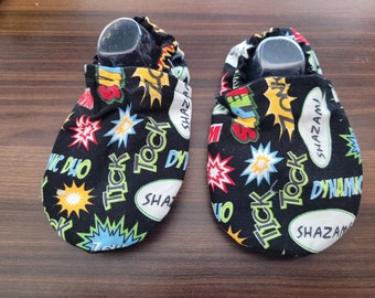 Super hero sayings baby booties, super hero, crib shoes, cloth moccasins, baby shower gift, gender neutral