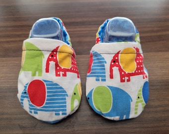 Primary Elephants baby booties, crib shoes, cloth moccasins, gender neutral, baby shower gift, elephants, primary colors