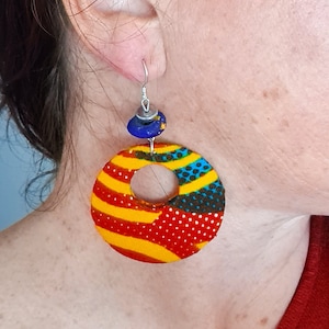 African Fabric Drop Earrings, Large Dangle Light Round Boho Style, Unique Jewellery