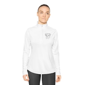 May include: White long-sleeve athletic shirt with a half-zip closure and a black and white line drawing of a boxer dog on the left chest.