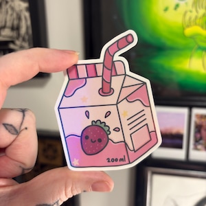 Strawberry Milk Carton Holographic Waterproof Vinyl Sticker