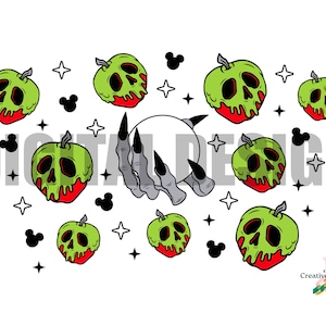 May include: A white background with a green apple with a skull face and red dripping sauce. There are multiple green apples with skull faces and red dripping sauce, a white circle, and a black hand with claws. There are also black Mickey Mouse ears and white stars.