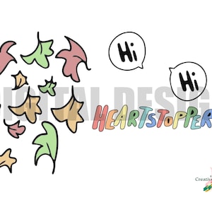 May include: A digital illustration of the text "HEARTSTOPPER" in rainbow colors with two speech bubbles that say "Hi" in black text. The background features a cluster of colorful falling leaves.