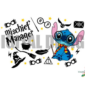 May include: Blue Stitch character wearing glasses and a red and yellow scarf, sitting with a wand and a feather. The background includes various Harry Potter themed icons, including a cauldron, a broom, a hat, and glasses. The text "mischief manager" is written in black.