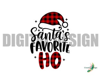 May include: Black and red buffalo plaid Santa hat with the text "Santa's Favorite Ho" in black script font.