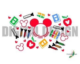 May include: Red and white Mickey Mouse ears with a circle in the middle. Surrounded by red hearts, pencils, crayons, rulers, apples, and books with Mickey Mouse ears. The text "Teach Love Inspire" is written in a circle around the Mickey Mouse ears.